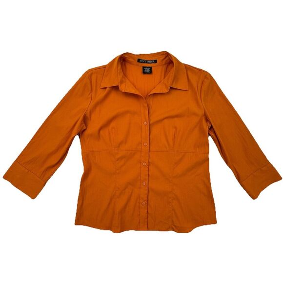 Scott Taylor Orange Button Up Shirt Womens Large 3/4 Sleeve Stretch Career Top - Picture 2 of 8
